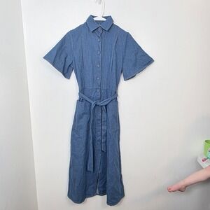 Caroline Benoit Blue Denim Button Up Belted Cottagecore Midi Shirt Dress XS